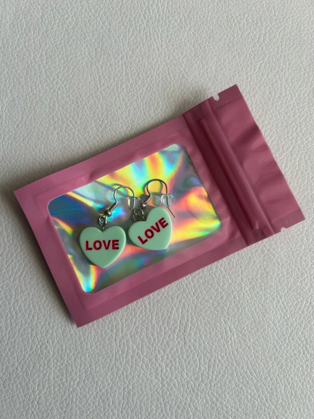 Conversation Hearts LOVE Drop Earrings in Mint Green with Pink Lettering